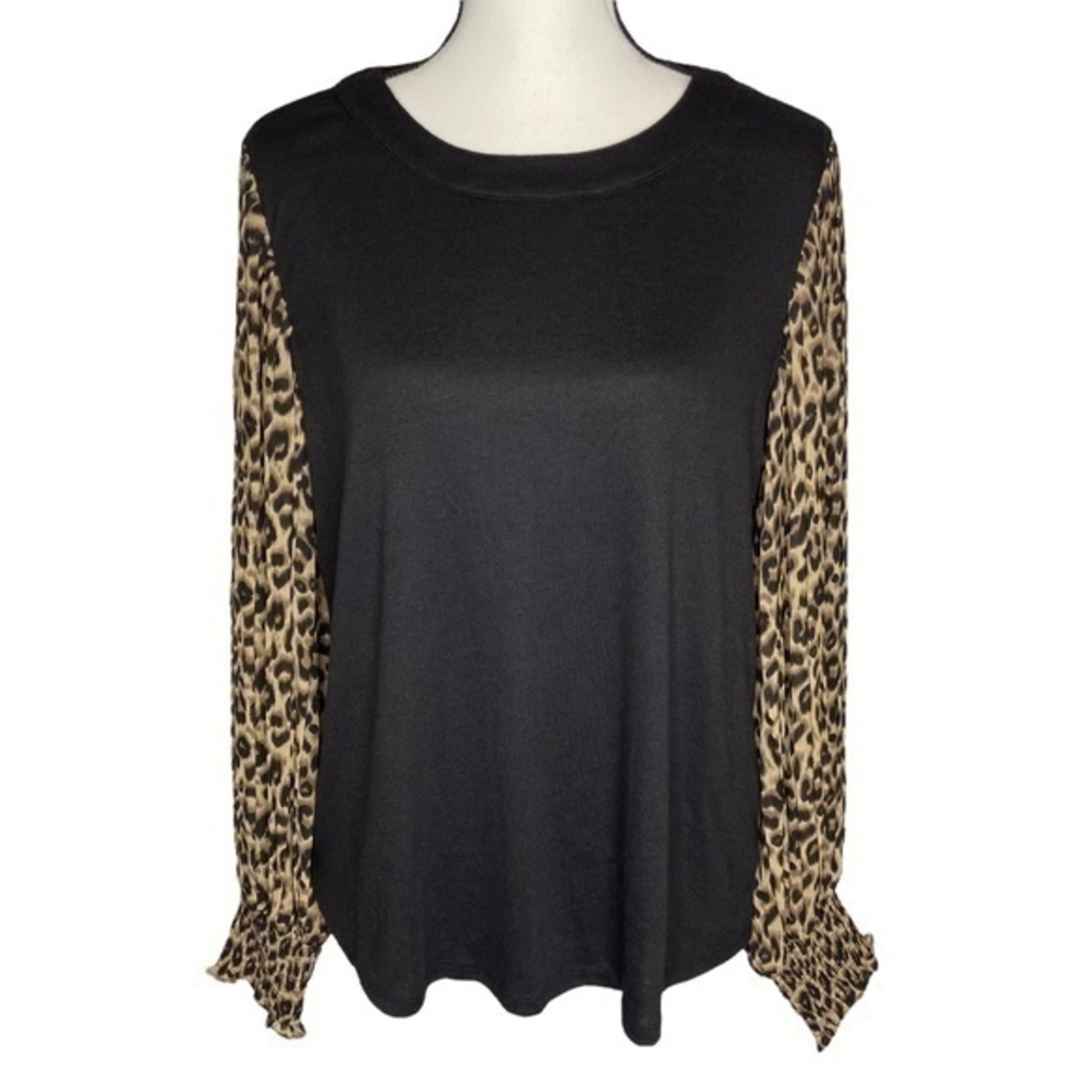 Entro Top Solid Black And Leopard Print Pleated S… - image 1